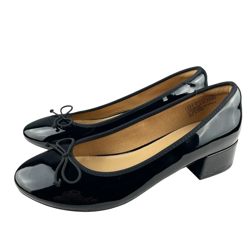 Jenn Ardor Women's Ballet Pumps Size 9.5 Black Patent Bow Slip On Low Block Heel